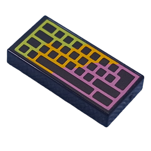 Lego Tile 1 x 2 with Lavender/Bright Orange/Lime Computer Keyboard with No Letters Print / Black
