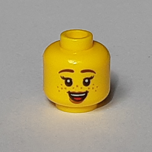 Lego Minifig Head, Reddish Brown Eyebrows, Freckles, Smile, Open Mouth / Closed Mouth Print / Yellow