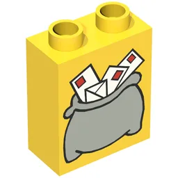 Duplo Brick 1 x 2 x 2 with Large Light Gray Mail Bag Print / Yellow