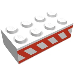 Brick 2 x 4 with Angled Red Stripes Between Two Horizontal Red Stripes Print / White