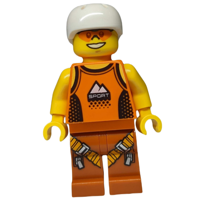 Lego Man, Orange Tank Top with 'SPORT', Dark Orange Legs with Straps, White Helmet, Orange Safety Glasses