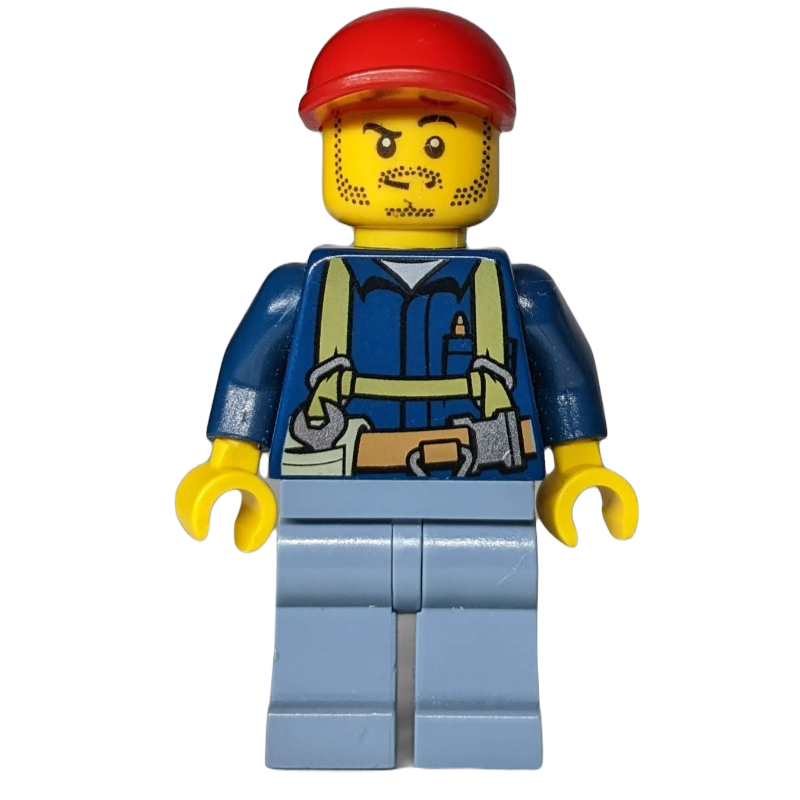 Lego Miner, Dark Blue Shirt with Harness, Red Cap, Stubble