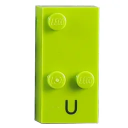 Braille Brick 2 x 4 with 3 Studs ⠥ and 'U' Print / Lime
