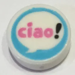 Tile Round 1 x 1 with Speech Bubble, Dark Pink 'ciao!' on Medium Azure Background Print