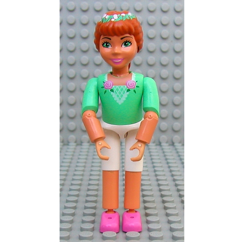 Lego Belville Figure Articulated Elbows, Child, Female, Dark Orange Hair, Medium Green Shirt, White Short Pants, Flowers in Hair Print (Princess Flora) / Medium Green