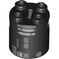 Lego Brick Round 2 x 2 x 2 Robot Body, Axle Holder '+' Orientation with Silver and Gray Astromech Droid Print (R2-E6) / Black