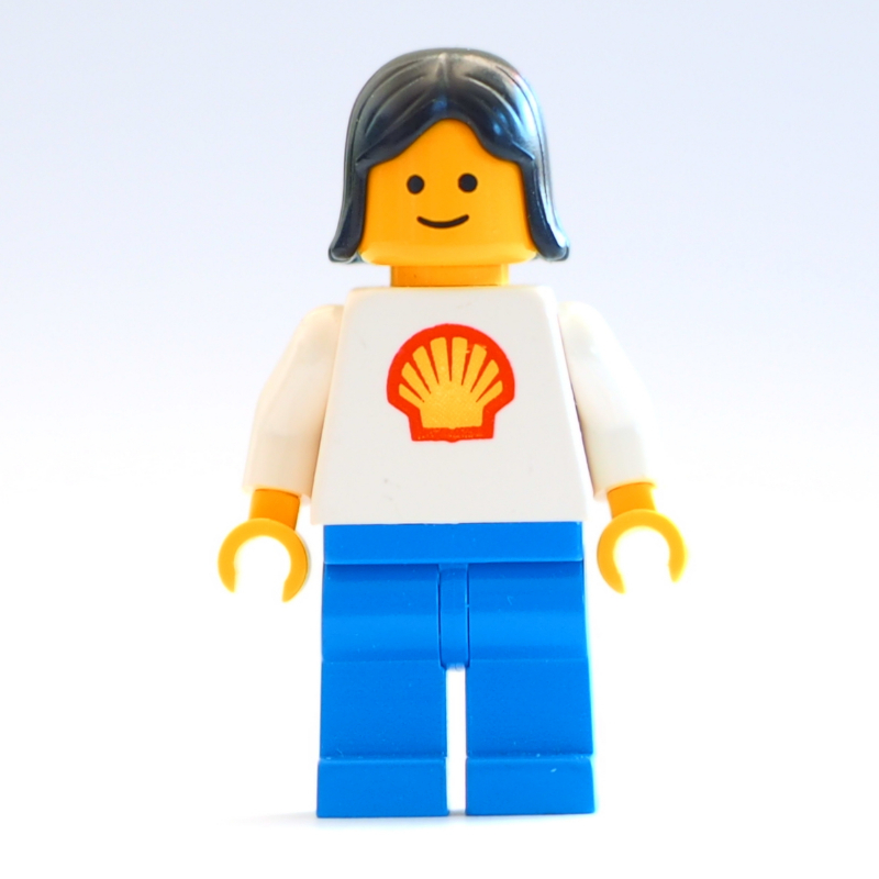 Lego Woman, White Torso with Shell Logo, Blue Legs, Black Hair