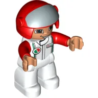 Duplo Figure with Helmet with Open Visor, Red Helmet, White Legs & Race Top with Octan Logo, and Red Arms / White