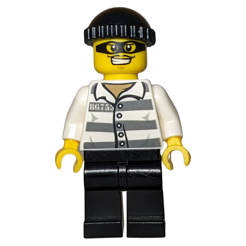 Lego Criminal, Prison Shirt with #86753, Black Legs, Black Hat, Black Eyemask