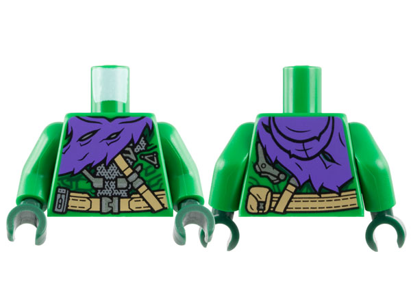 Lego Torso Armor Suit with Dark Green Circuitry, Dark Purple Tattered Hoodie, Dark Tan Belts and Pouch, Silver Buckles Pattern / Green Arms / Dark Green Hands