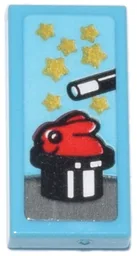 Tile 1 x 2 with Red DUPLO Bunny / Rabbit in Black and White Top Hat, Magic Wand, Gold Stars Pattern (Sticker) - Set 71837 / Medium Azure