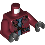 Lego Torso Open Zipper Jacket over Gray Shirt with Silver Rivets and Leather Straps, Sling Bag on Back Print, Dark Red Arms, Black Hands / Dark Red