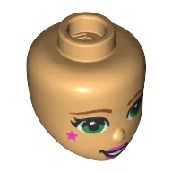 Minidoll Head, Green Eyes, Bright Pink Lips and Stars Print / Warm Tan