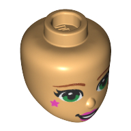 Lego Minidoll Head, Green Eyes, Bright Pink Lips and Stars print / Warm Tan
