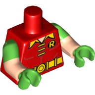 Lego Torso, Dual Molded Arms, 'R' Symbol, 3 Yellow Clasps and Collar and Belt Print, Bright Green Sleeves Pattern, Light Nougat Arms, Bright Green Hands / Red