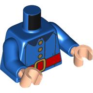 Lego Torso, Jacket, Yellow Buttons, Wide Red Belt, Gold Belt Buckle print, Blue Arms, Light Nougat Hands / Blue