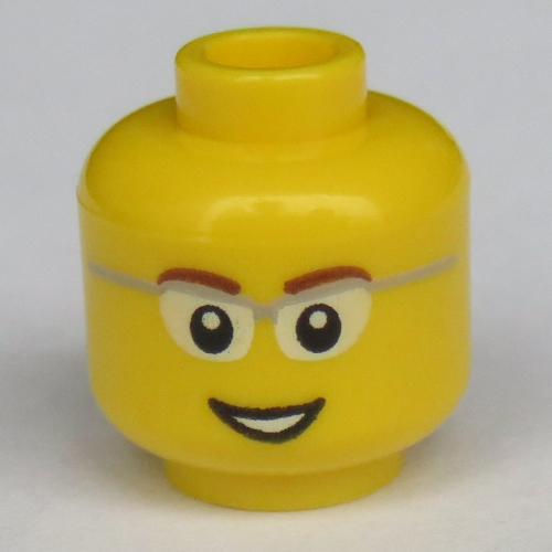 Lego Minifig Head, Glasses with Gray Frame Sides, Brown Eyebrows and Open Smile Print / Yellow