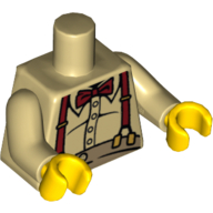 Lego Torso Button Shirt over Pot Belly with Dark Red Bow Tie and Suspenders Print, Tan Arms, Yellow Hands / Tan