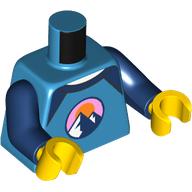 Lego Torso, Emblem with Mountains, Bright Pink Sky, Orange Sun, Dark Blue Collar print, Dark Blue Arms, Yellow Hands / Dark Azure
