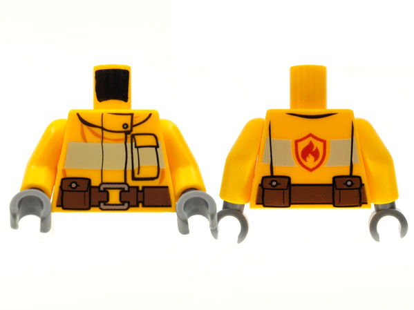 Lego Torso Fire Suit with Stripe and Brown Utility Belt and Fire Logo on Back Pattern / Bright Light Orange Arms / Dark Bluish Gray Hands