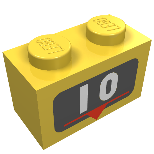 Lego Brick 1 x 2 with White '10', Red Marker Print / Yellow