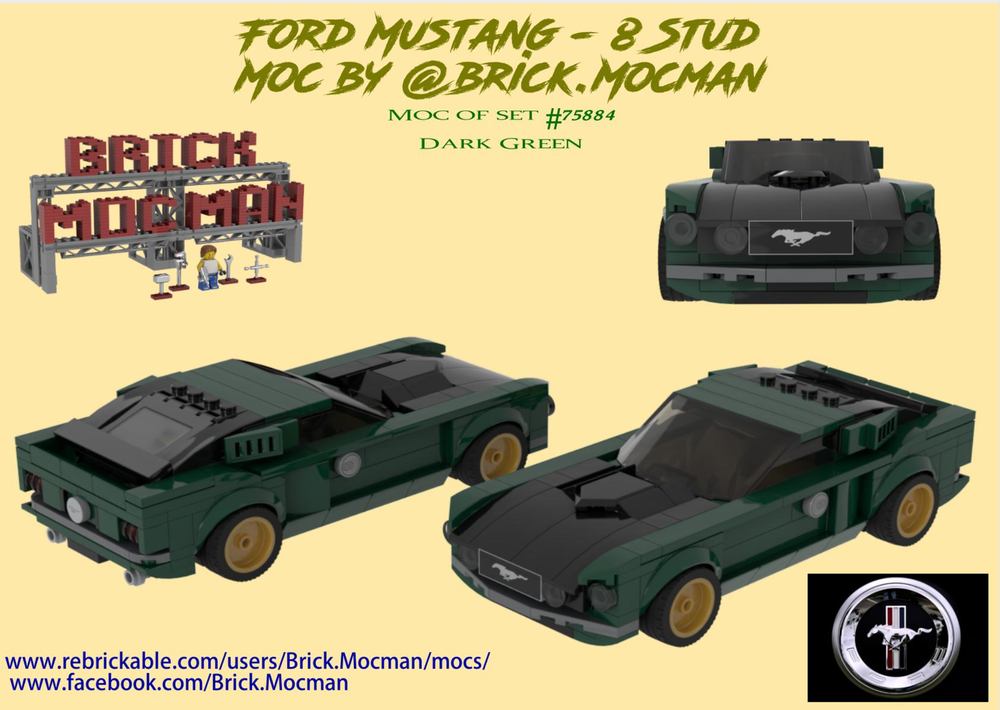 Lego Ford Mustang 8 Stud - (Alt Build MOC of Set #75884) (Dark Green/Black Hood)