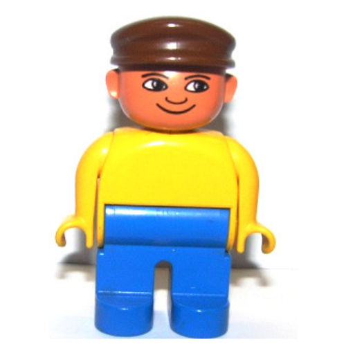 Lego Duplo Figure, Early, with Flat Cap Brown, Blue Legs, Plain Top / Yellow