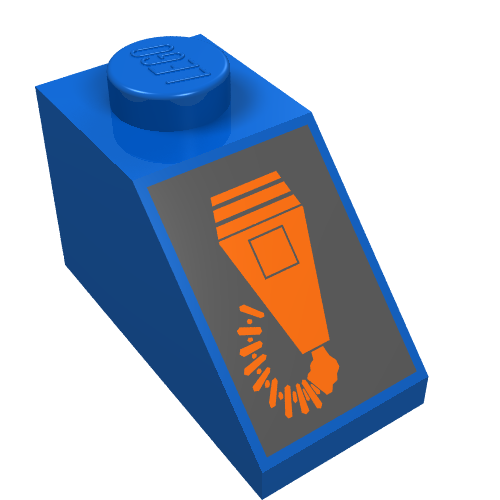 Lego Brick Sloped 45° 2 x 1 with Bottom pin, with Orange Microphone Print / Blue