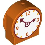 Duplo Brick 1 x 3 x 2 Round Top with Clock, White Face, Dark Red Arms, Orange Numbers / Orange Fruit Print / Reddish Orange