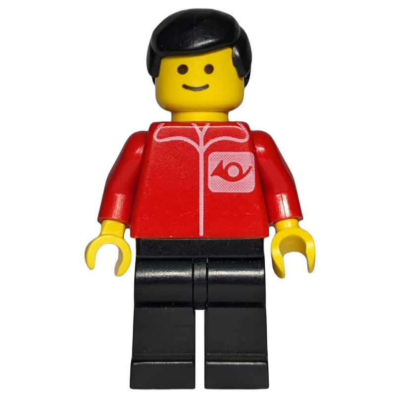 Lego Postal Worker, Red Shirt with Horn Logo, Black Legs, Black Hair