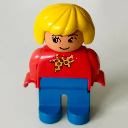Duplo Figure, Early, Hair Bob Yellow, Blue Legs, Yellow Scarf with Red Dots Print / Red