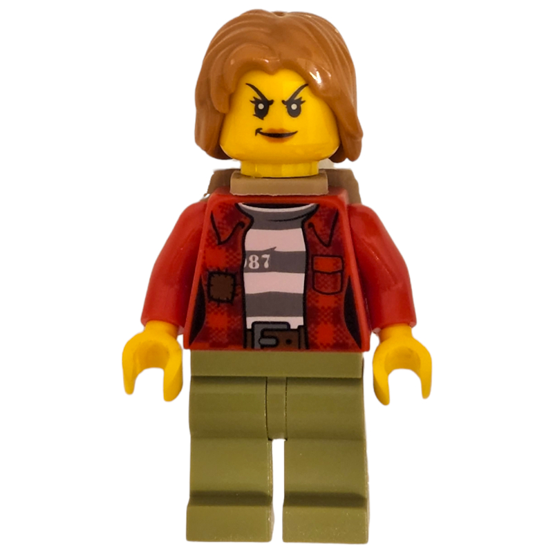Lego Criminal, Woman, Open Red Flannel Shirt over Prison Shirt, Medium Nougat Hair, Backpack