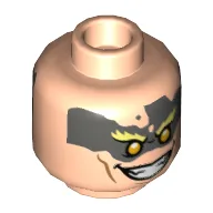 Minifig Head Junkrat, Olive Green Face Paint, Bright Light Yellow Eyebrows, Yellow Eyes, Open Mouth Smile / Gritted Teeth Smile Print / Light Nougat