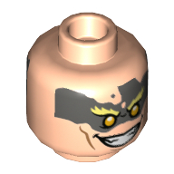 Lego Minifig Head Junkrat, Olive Green Face Paint, Bright Light Yellow Eyebrows, Yellow Eyes, Open Mouth Smile / Gritted Teeth Smile Print / Light Nougat