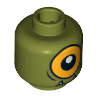 Minifig Head Cyclops, Lower Fangs, Single Orange Eye Open / Eye Half Closed Print / Olive Green
