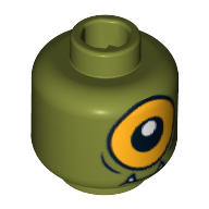 Lego Minifig Head Cyclops, Lower Fangs, Single Orange Eye Open / Eye Half Closed Print / Olive Green