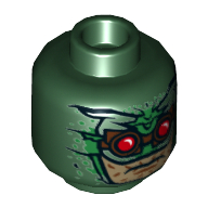 Lego Minifig Head Parademon, Helmet, Green Details, Brown Goggles with Red Lenses, Light Nougat Face Print [Hollow Stud] / Dark Green