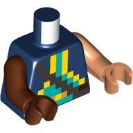 Lego Torso, Odd Arms and Hands, Pixelated Yellow/Dark Turquoise Shape print, Left Nougat Arm and Hand, Right Reddish Brown Arm and Hand / Dark Blue