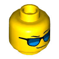 Lego Minifig Head, Blue Sunglasses, Left Eyebrow Raised Print [Hollow Stud] / Yellow