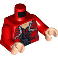 Lego Torso Dress with Black Belt, Ruffles and Lace Shawl Print, Red Arms, Light Nougat Hands / Red