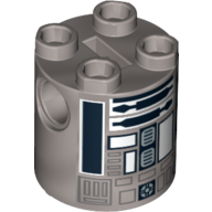 Lego Brick Round 2 x 2 x 2 Robot Body, Axle Holder '+' Orientation with White and Black Astromech Droid Print (R2-Q2) / Flat Silver
