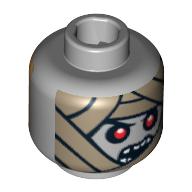 Lego Minifig Head Amset-Ra, Gold Death Mask / Mummy Wrap with Red Eyes and Open Mouth Print / Light Bluish Gray