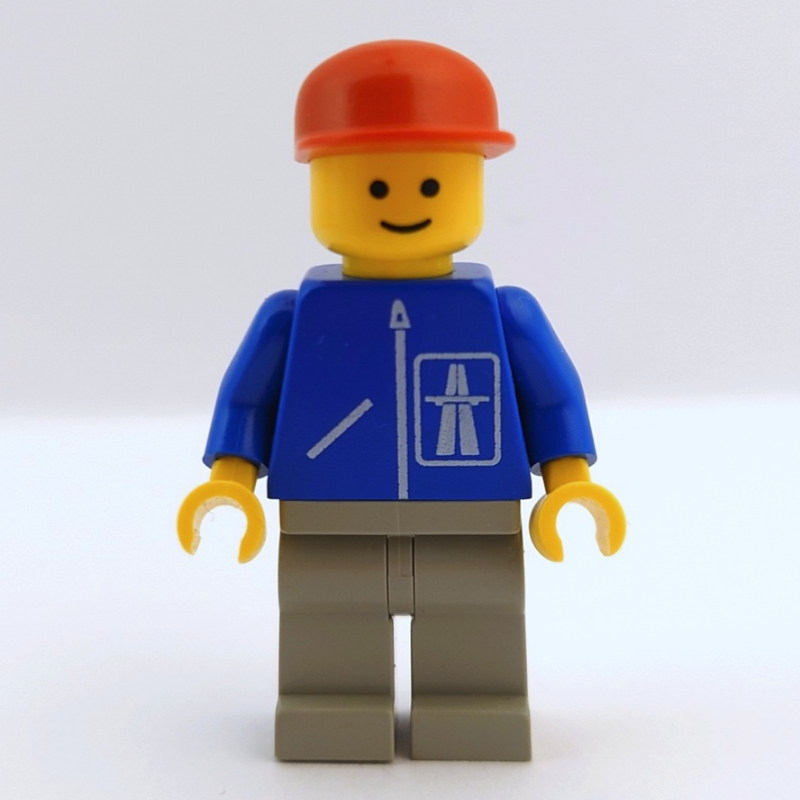 Lego Man, Blue Jacket with Highway Logo, Light Gray Legs, Red Cap