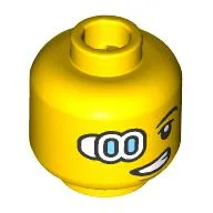 Minifig Head, Medium Azure and White Cyborg Eye, Lopsided Smile Print / Yellow