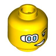 Lego Minifig Head, Medium Azure and White Cyborg Eye, Lopsided Smile Print / Yellow