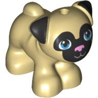 Lego Animal, Dog, Pug - Standing with Blue Eyes, Black Face and Ears, and Pink Nose Print / Tan