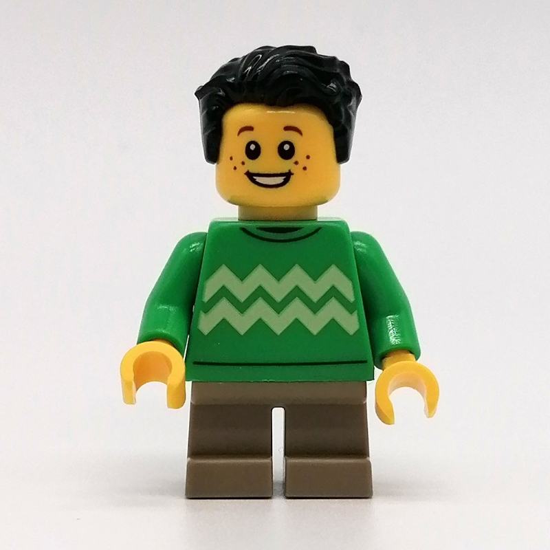 Lego Kid - Bright Green Torso, Dark Tan Legs, Black Hair