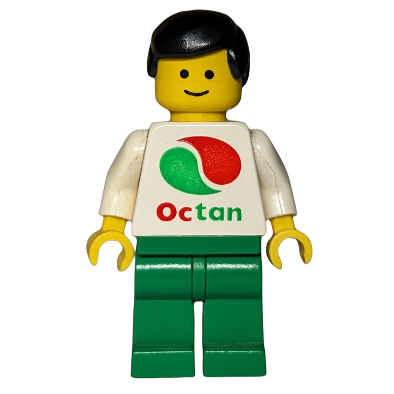 Lego Man, White Top with Large Octan Logo, Green Legs, Black Hair