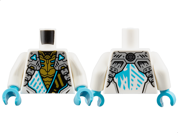 Lego Torso Armored Tunic with Light Bluish Gray Shoulder Panels, Medium Azure Trim and Gold Ninjago Logogram Letter Z over Chest Armor, Ice Dragon Logo on Back Pattern / White Arms / Medium Azure Hands