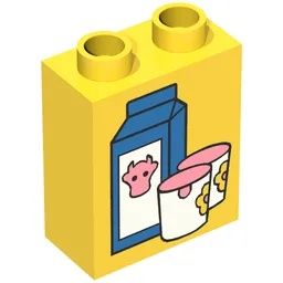 Duplo Brick 1 x 2 x 2 with Milk Carton and Glasses Print / Yellow